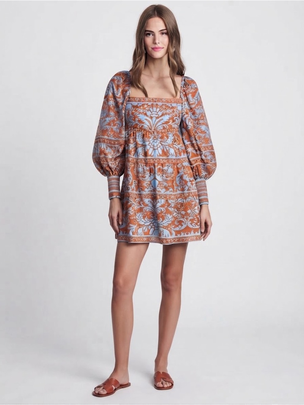 Alice + Olivia, Orange & Light Blue Boho Square-Neck Mini Dress, L